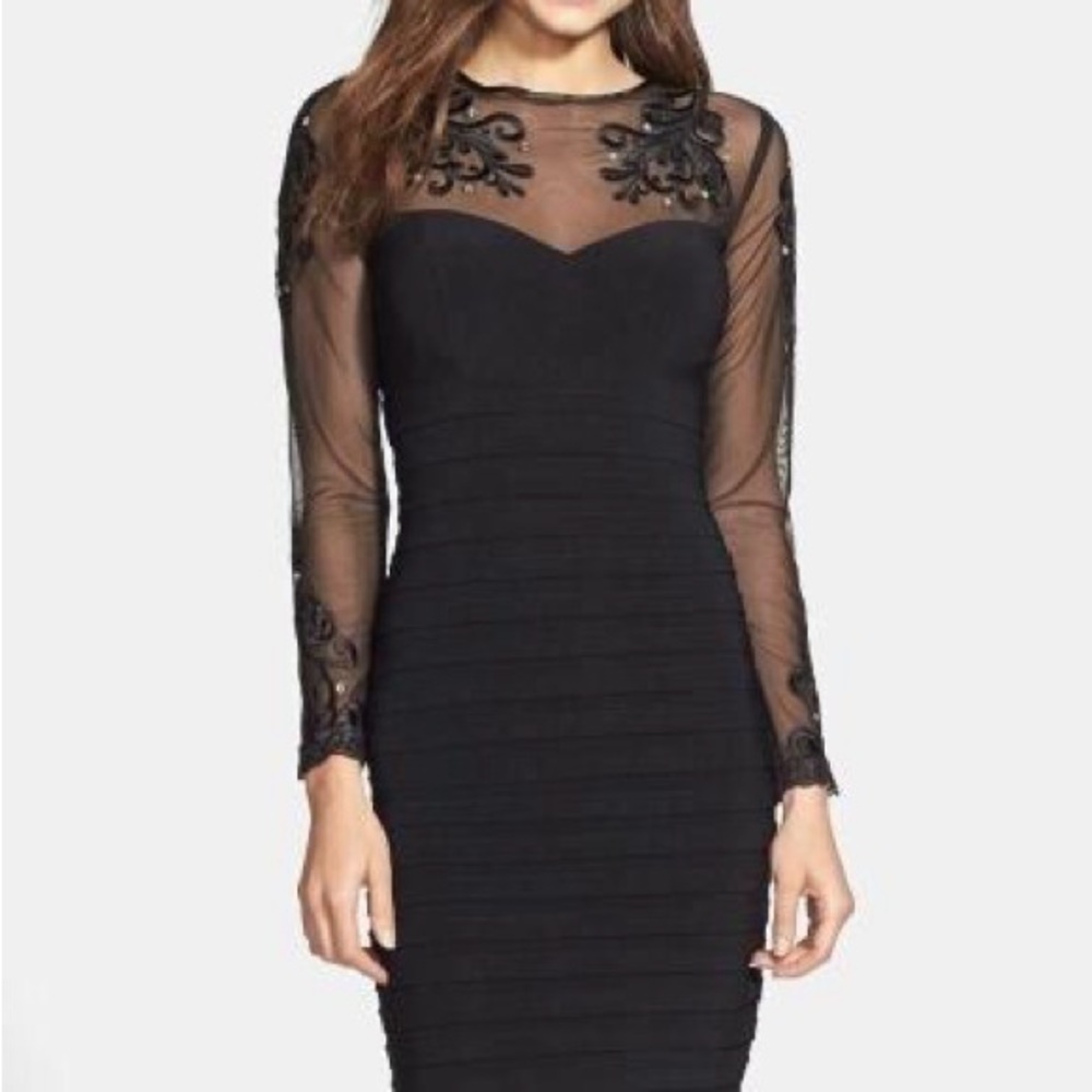 Xscape Black Long Sleeve Dress with Embellished Details